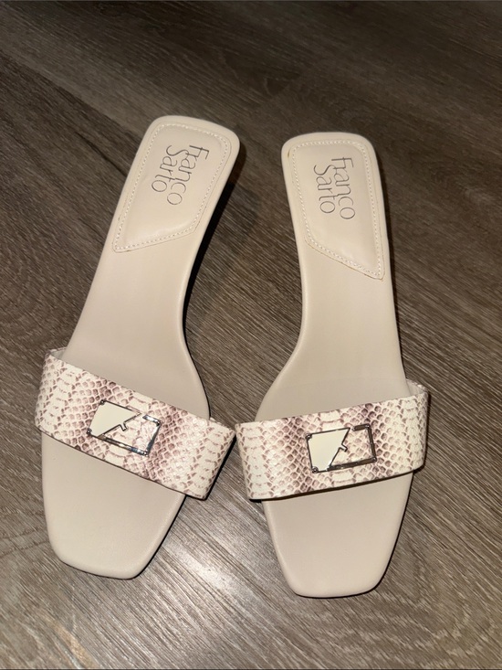 Franco Sarto Shoes - Franco Sarto Cream Snake-Print Slide Mules with Silver Buckle